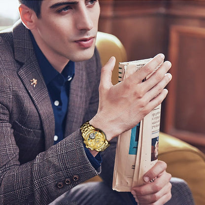Self Winding Watches for Men Tourbillon Automatic Mechanics Luxury Dress Stainless Steel Strap Luminous Waterproof Men Wrist Watches