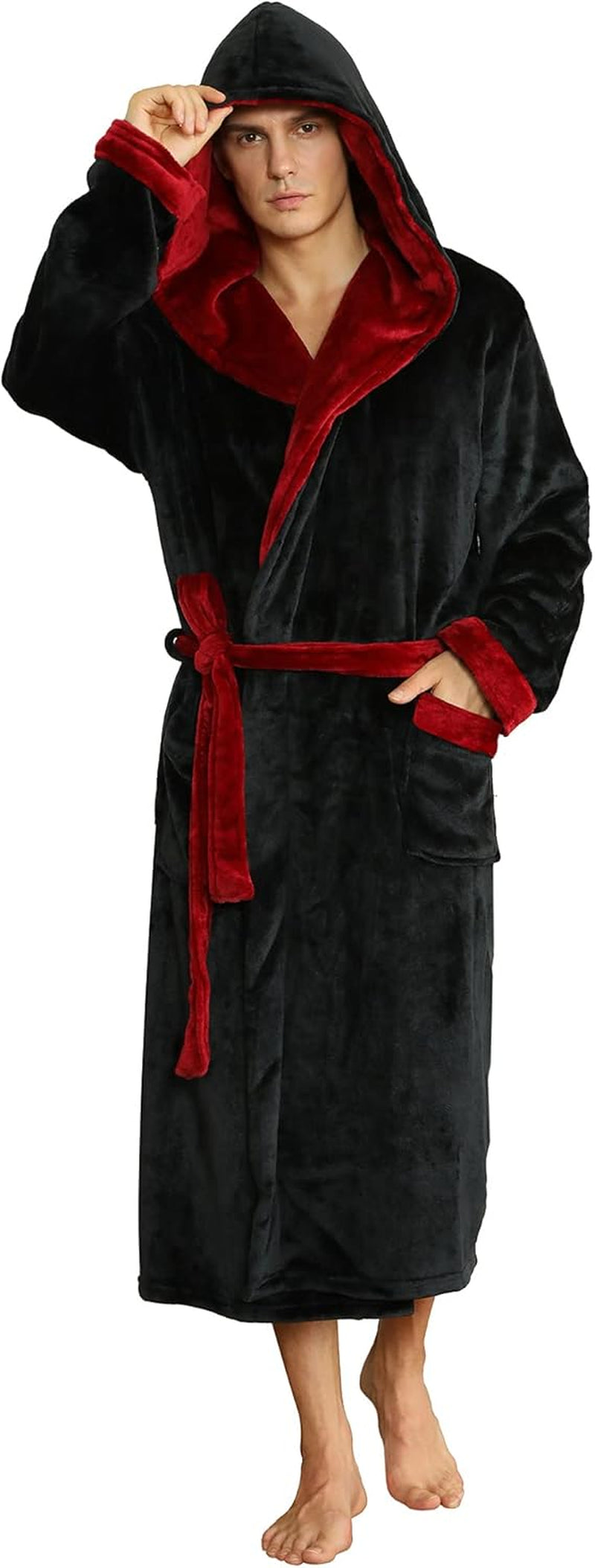 Mens Hooded Robe, Plush Robes for Men Long Fleece Bathrobe