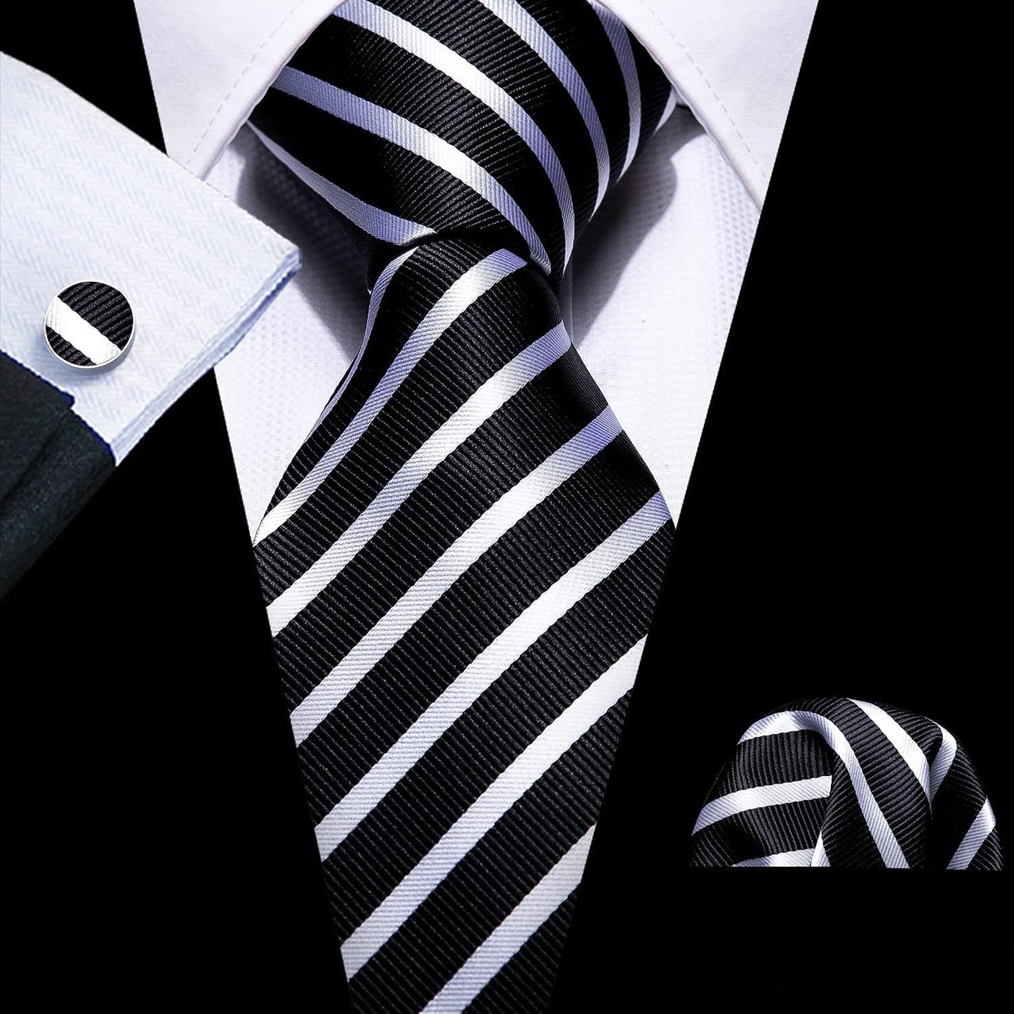 Stripe Men Ties Set Classic WOVEN Necktie with Handkerchief Cufflinks Formal