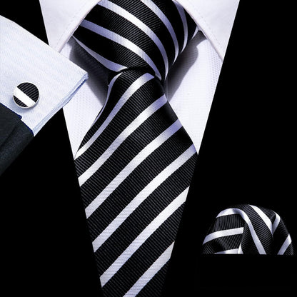 Stripe Men Ties Set Classic WOVEN Necktie with Handkerchief Cufflinks Formal