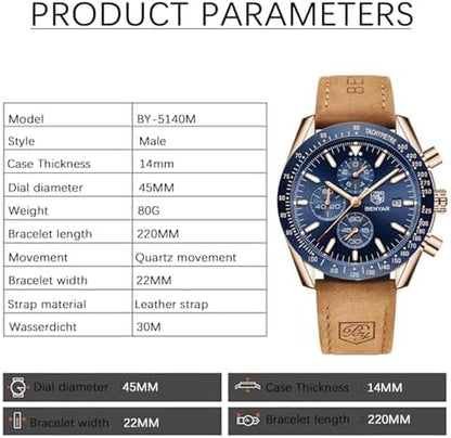 BENYAR Mens Watches Quartz Chronograph Business Luxury Brand Waterproof Wristwatches Fashion Brown Leather Watches for Men