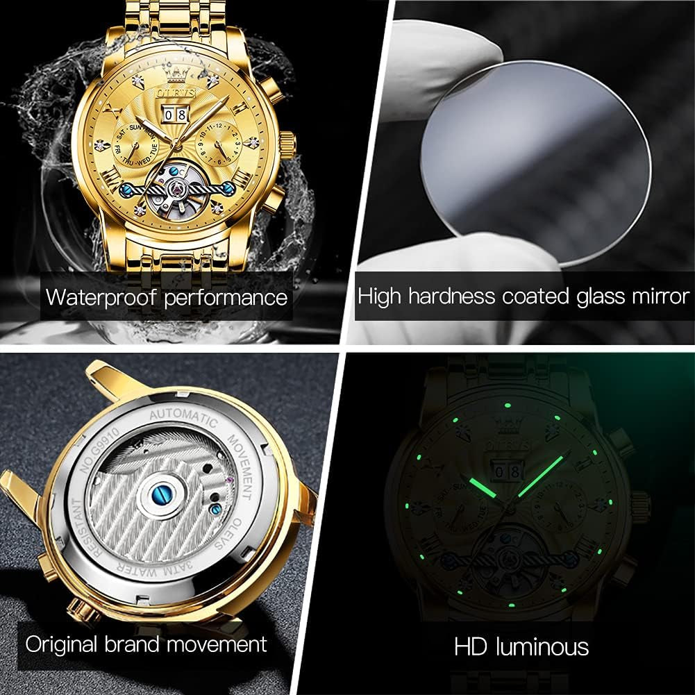 Self Winding Watches for Men Tourbillon Automatic Mechanics Luxury Dress Stainless Steel Strap Luminous Waterproof Men Wrist Watches