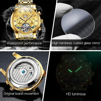 Self Winding Watches for Men Tourbillon Automatic Mechanics Luxury Dress Stainless Steel Strap Luminous Waterproof Men Wrist Watches