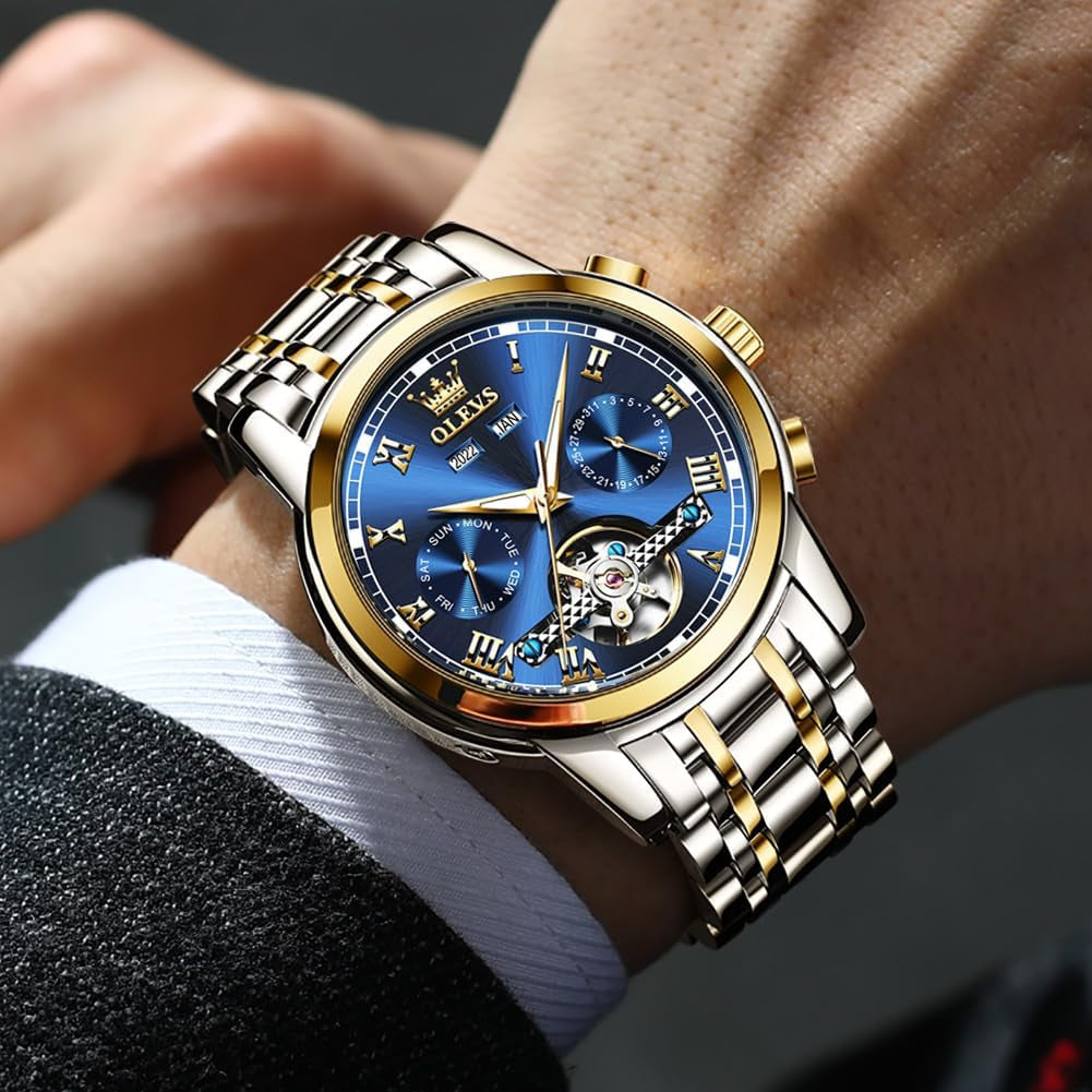 Automatic Watch(No Battery Required) Men'S Wrist Watches Self-Wind Mechanical Watches Fashion Classic Tourbillon Skeleton Watch Black Blue Green Face,Adjustable Bracelet (Gift Tool)