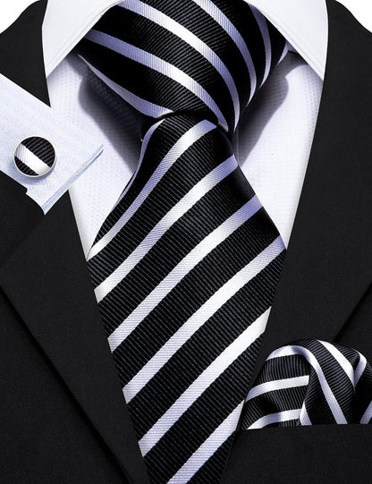 Stripe Men Ties Set Classic WOVEN Necktie with Handkerchief Cufflinks Formal