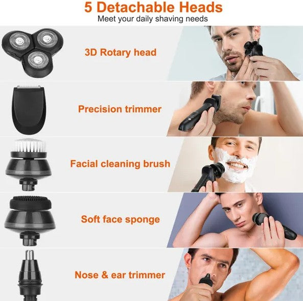 5 in 1 Electric Razor Shaver Rechargeable Cordless Head Beard Trimmer Shaver Kit IPX6 Waterproof Dry Wet Grooming Kit