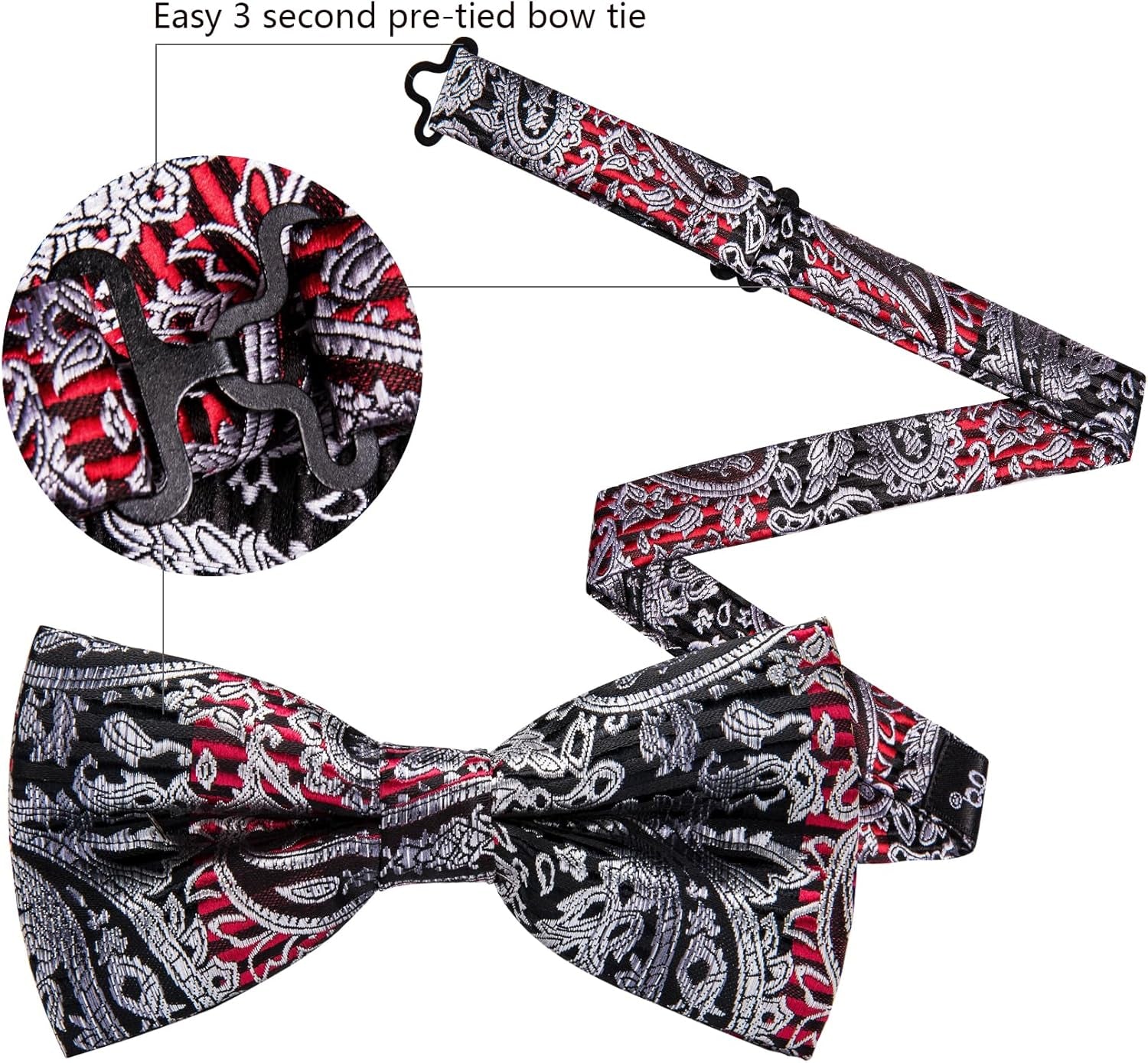 Paisley Striped Bow Tie for Men Silk Pre-Tied Bowtie Pocket Square Cufflinks Set Formal Wedding Party Prom