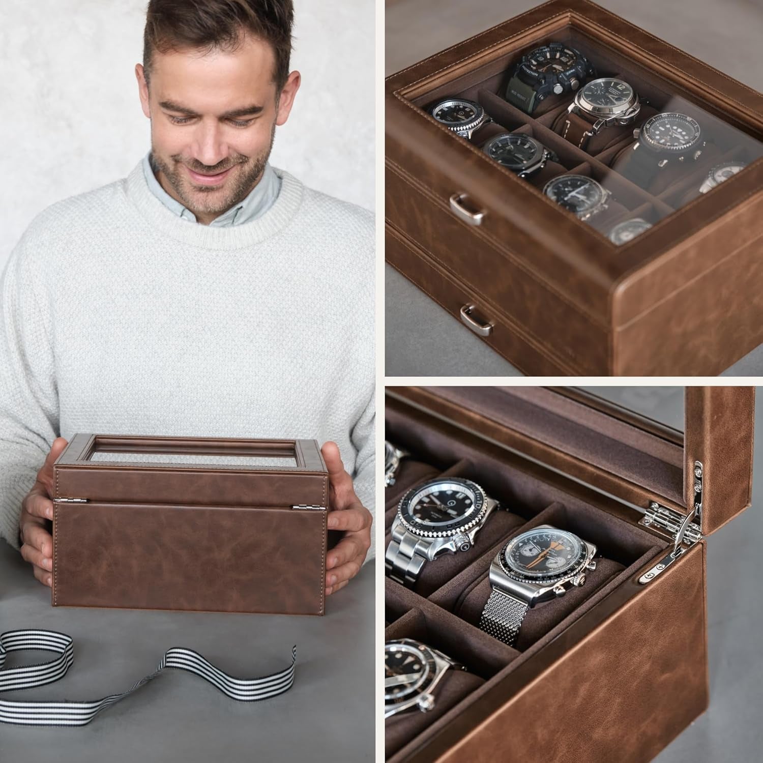 8 Slot Watch Box with Storage Drawer – Premium Watch Storage Case for Men | 2.2-Inch Wide Pillows Hold Small & Ovesized Watches (Brown)