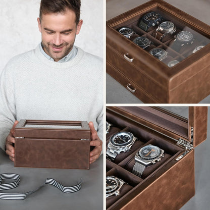 8 Slot Watch Box with Storage Drawer – Premium Watch Storage Case for Men | 2.2-Inch Wide Pillows Hold Small & Ovesized Watches (Brown)