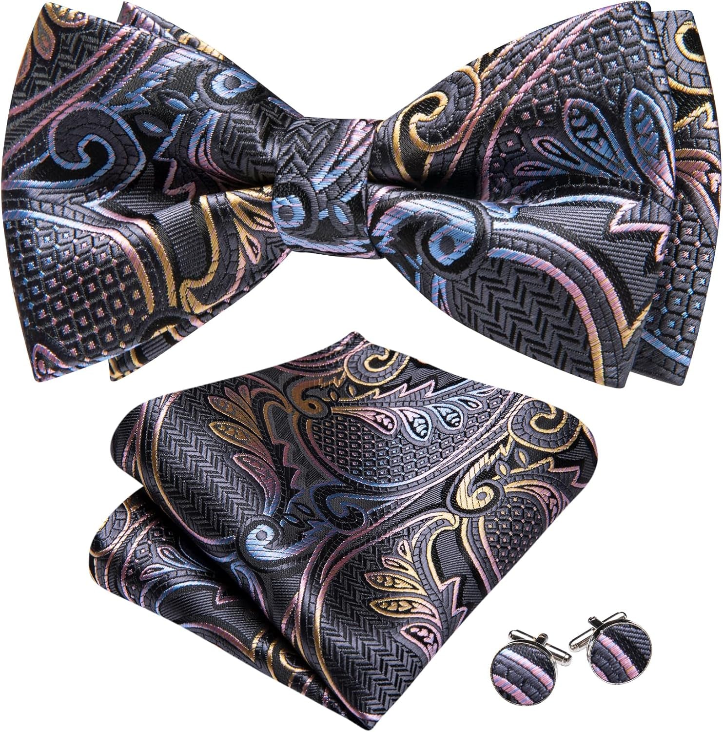 Paisley Striped Bow Tie for Men Silk Pre-Tied Bowtie Pocket Square Cufflinks Set Formal Wedding Party Prom