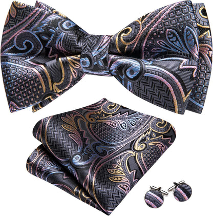 Paisley Striped Bow Tie for Men Silk Pre-Tied Bowtie Pocket Square Cufflinks Set Formal Wedding Party Prom