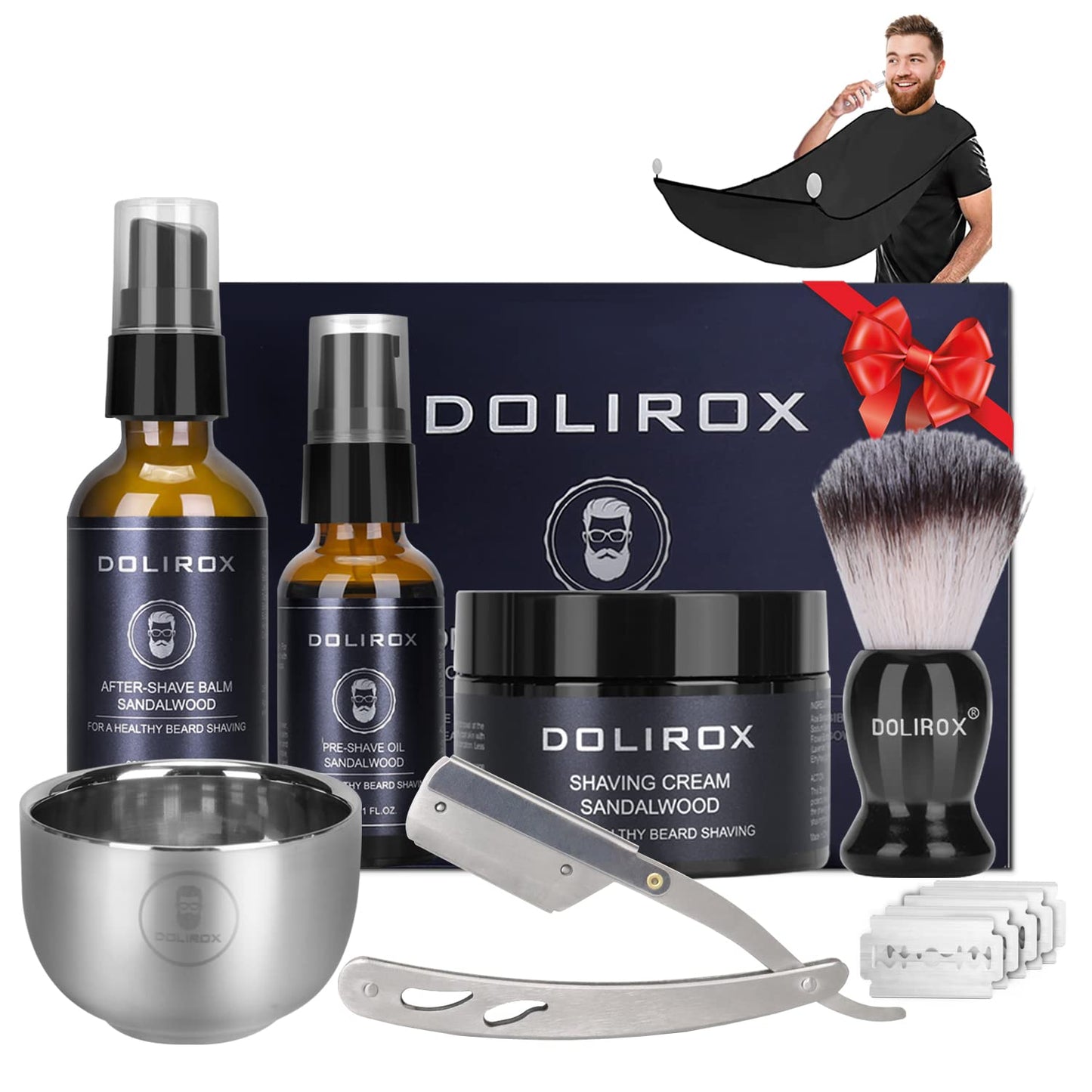 Shaving Kit for Men, Includes Straight Razor for Men, Shaving Cream, Pre Shave Oil, after Shave Balm for Men,Shaving Brush and Bowl, Beard Apron Bib, Gifts Set for Men Him Boyfriend Stocking Stuffers