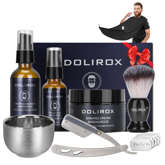 Shaving Kit for Men, Includes Straight Razor for Men, Shaving Cream, Pre Shave Oil, after Shave Balm for Men,Shaving Brush and Bowl, Beard Apron Bib, Gifts Set for Men Him Boyfriend Stocking Stuffers
